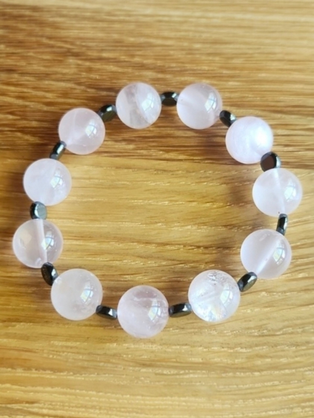 Rose Quartz & Gray Hematite Beaded Stretch Bracelet | Handmade